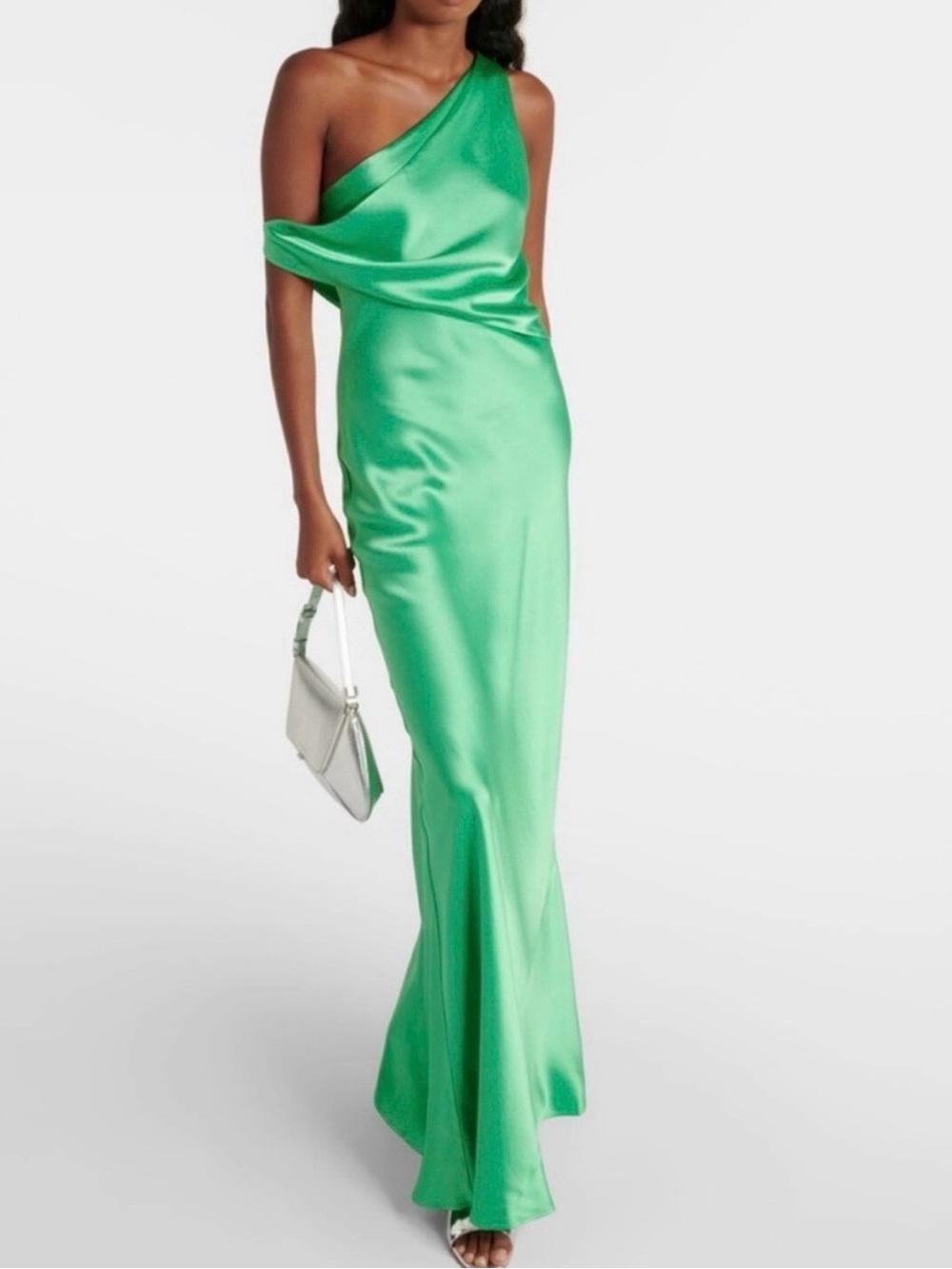 NWT STAUD Naomi One-Shoulder Satin Gown in Vivid Green | Size 6